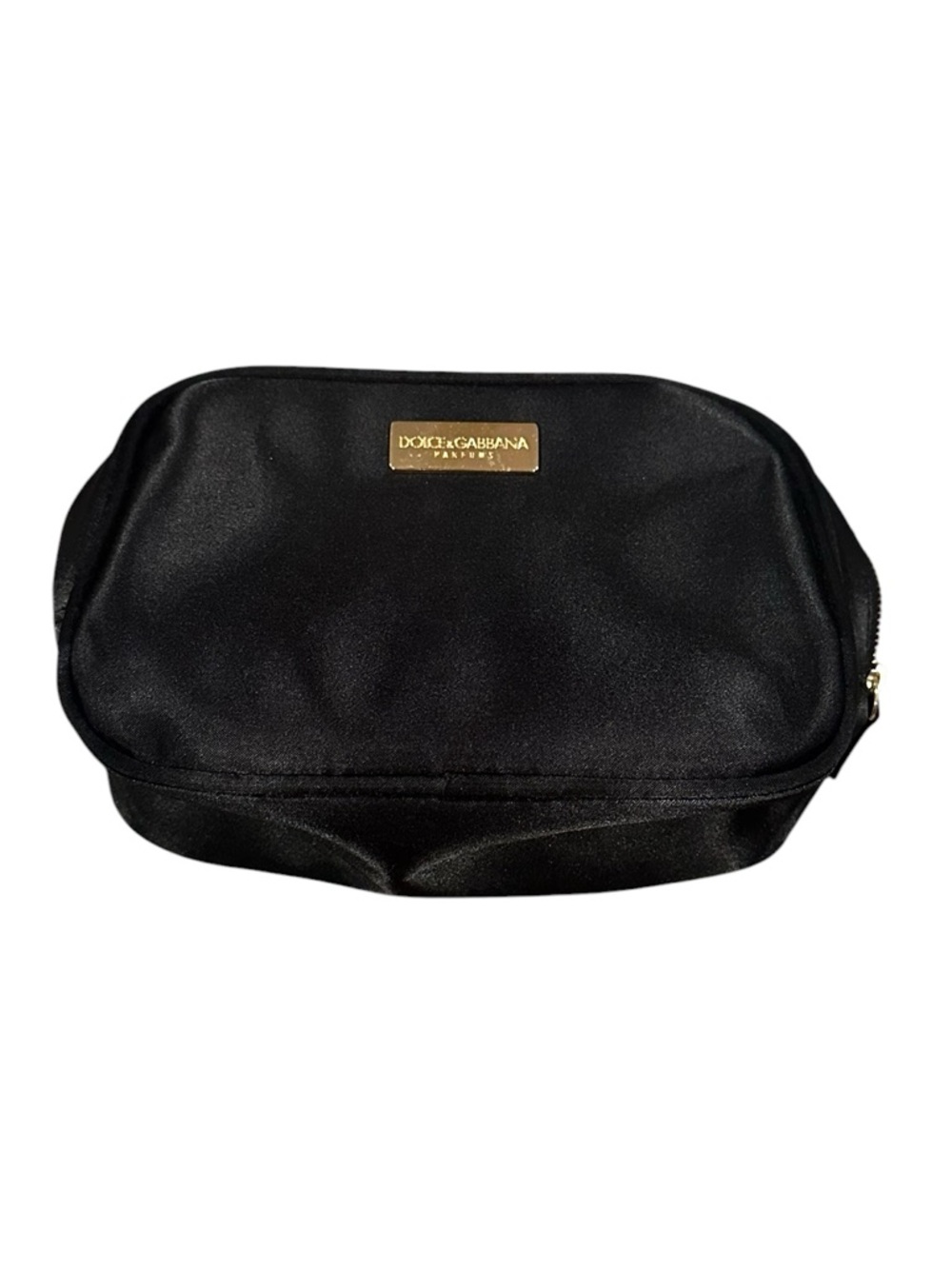 Dolce & Gabbana Black Satin Toiletry Cosmetic Makeup Bag with Gold Logo Plate
